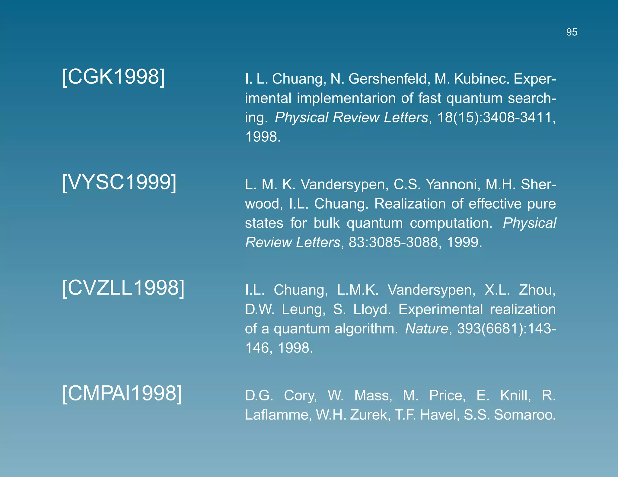 95



[CGK1998]     I. L. Chuang, N. Gershenfeld, M. Kubinec. Exper-
              imental implementarion of fast quantum search-
              ing. Physical Review Letters, 18(15):3408-3411,
              1998.


[VYSC1999]    L. M. K. Vandersypen, C.S. Yannoni, M.H. Sher-
              wood, I.L. Chuang. Realization of effective pure
              states for bulk quantum computation. Physical
              Review Letters, 83:3085-3088, 1999.


[CVZLL1998]   I.L. Chuang, L.M.K. Vandersypen, X.L. Zhou,
              D.W. Leung, S. Lloyd. Experimental realization
              of a quantum algorithm. Nature, 393(6681):143-
              146, 1998.


[CMPAl1998]   D.G. Cory, W. Mass, M. Price, E. Knill, R.
              Laﬂamme, W.H. Zurek, T.F. Havel, S.S. Somaroo.
 