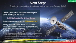 Next Steps
Of the 5,465 active satellites orbiting the
Earth as of April 30, 2022:
3,433 belong to the United States
The nearest competitor is China with 541.
As of July 2024, there are 6,281 Starlink
satellites in orbit (“owned” by Elon Musk),
of which 6,206 are working.
SOURCES:
• https://www.statista.com/statistics/264472/number-of-satellites-in-orbit-
by-operating-country/#:~:text=Of%20the%205%2C465%20
active%20artificial,China%2C%20accounting%20for%20only%20541
• https://planet4589.org/space/con/star/stats.html
Should Access to Quantum Communications be a Privacy Right?
Animated
2024. Lisa Nee, Ryan Amos. All Rights Reserved.
©
 