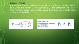 Security Threat
The current RSA is based on prime factors of large numbers such
as a 2048 bit number. The current classical computer will take
nearly 3biilion years to break this using the public key provide with
hit and trial method.
 