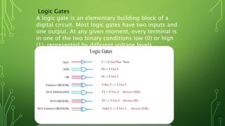 Logic Gates
A logic gate is an elementary building block of a
digital circuit. Most logic gates have two inputs and
one output. At any given moment, every terminal is
in one of the two binary conditions low (0) or high
(1), represented by different voltage levels.
 