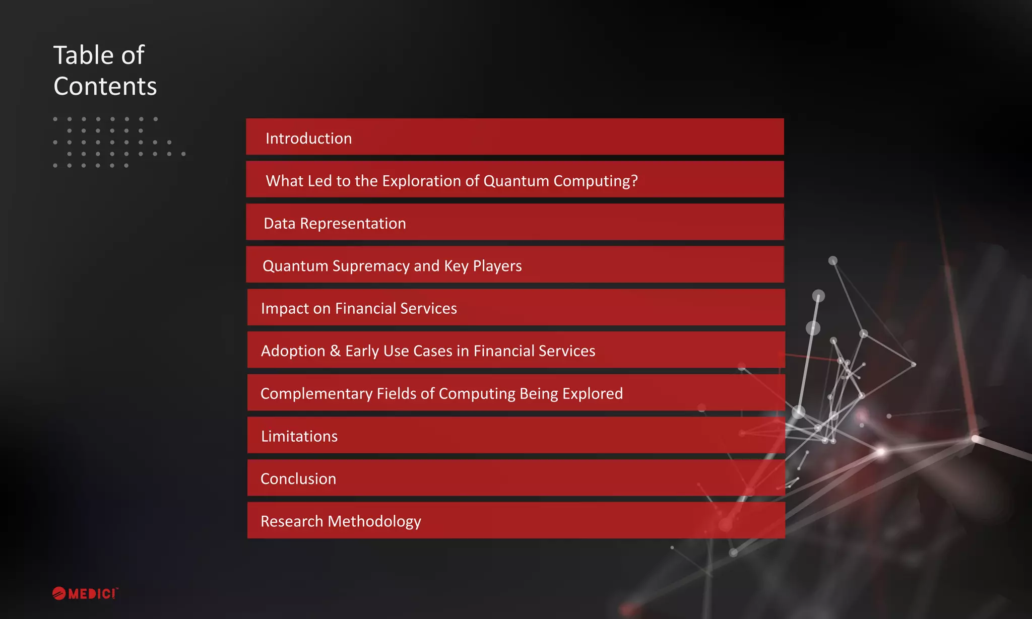 Table of
Contents
Introduction
What Led to the Exploration of Quantum Computing?
Complementary Fields of Computing Being Explored
Data Representation
Quantum Supremacy and Key Players
Impact on Financial Services
Adoption & Early Use Cases in Financial Services
Limitations
Conclusion
Research Methodology
 