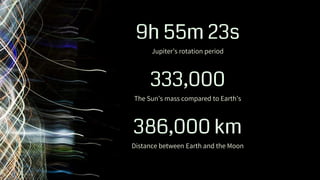 Jupiter’s rotation period
9h 55m 23s
333,000
The Sun’s mass compared to Earth’s
386,000 km
Distance between Earth and the Moon
 