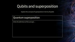 Qubits and superposition
Quantum superposition
Write the definition of the concept…
Explain the concept of superposition in terms of qubits
 
