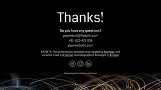 CREDITS: This presentation template was created by Slidesgo, and
includes icons by Flaticon, and infographics & images by Freepik
Thanks!
Do you have any questions?
youremail@freepik.com
+91 620 421 838
yourwebsite.com
Please keep this slide for attribution
 