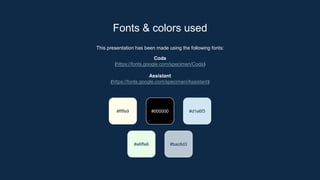 This presentation has been made using the following fonts:
Coda
(https://fonts.google.com/specimen/Coda)
Assistant
(https://fonts.google.com/specimen/Assistant)
Fonts & colors used
#ffffe9 #000000 #d1e6f3
#e6ffe6 #bac8d3
 