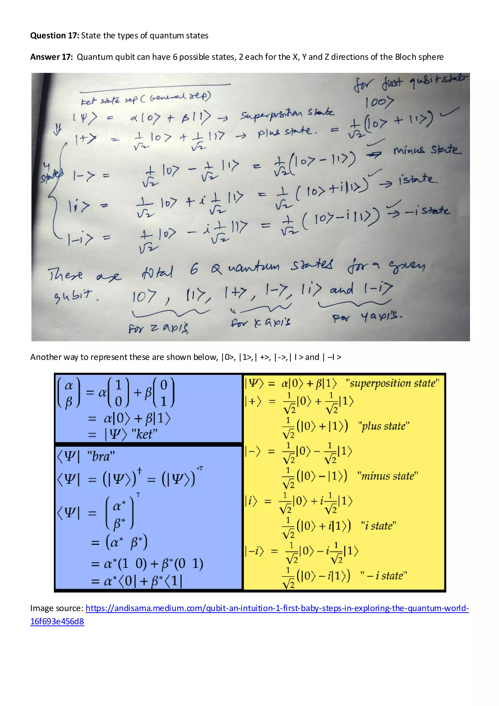 Question 17: State the types of quantum states
Answer 17: Quantum qubit can have 6 possible states, 2 each for the X, Y and Z directions of the Bloch sphere
Another way to represent these are shown below, |0>, |1>,| +>, |->,| I > and | –I >
Image source: https://andisama.medium.com/qubit-an-intuition-1-first-baby-steps-in-exploring-the-quantum-world-
16f693e456d8
 