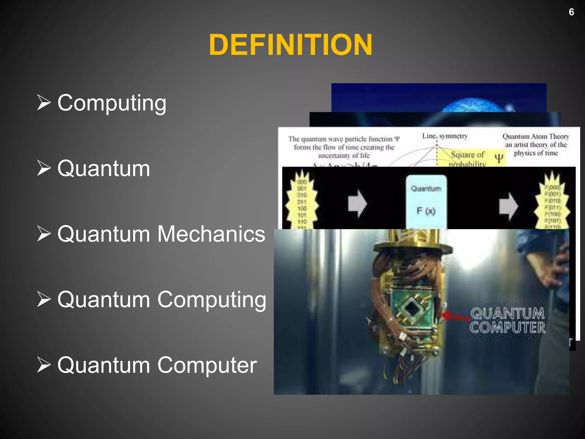 DEFINITION
 Computing
 Quantum
 Quantum Mechanics
 Quantum Computing
 Quantum Computer
6
 