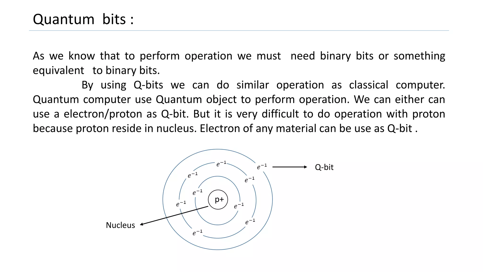 Quantum bits :
As we know that to perform operation we must need binary bits or something
equivalent to binary bits.
By using Q-bits we can do similar operation as classical computer.
Quantum computer use Quantum object to perform operation. We can either can
use a electron/proton as Q-bit. But it is very difficult to do operation with proton
because proton reside in nucleus. Electron of any material can be use as Q-bit .
Q-bit
Nucleus
p+
 