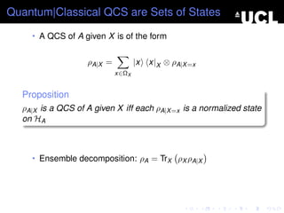 Quantum|Classical QCS are Sets of States

    • A QCS of A given X is of the form


                   ρA|X =          |x   x|X ⊗ ρA|X =x
                            x∈ΩX


  Proposition
  ρA|X is a QCS of A given X iff each ρA|X =x is a normalized state
  on HA



    • Ensemble decomposition: ρA = TrX ρX ρA|X
 