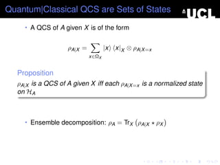 Quantum|Classical QCS are Sets of States
    • A QCS of A given X is of the form


                   ρA|X =          |x   x|X ⊗ ρA|X =x
                            x∈ΩX


  Proposition
  ρA|X is a QCS of A given X iff each ρA|X =x is a normalized state
  on HA



    • Ensemble decomposition: ρA = TrX ρA|X             ρX
 