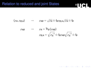 Relation to reduced and joint States



                                   √               √
       (ρA , ρB|A )   →   ρAB =        ρA ⊗ IB ρB|A ρA ⊗ IB


              ρAB     →   ρA = TrB (ρAB )

                          ρB|A =       ρ−1 ⊗ IB ρAB
                                        A             ρ−1 ⊗ IB
                                                       A
 