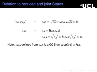 Relation to reduced and joint States



                                     √               √
        (ρA , ρB|A )   →    ρAB =        ρA ⊗ IB ρB|A ρA ⊗ IB


               ρAB     →    ρA = TrB (ρAB )

                            ρB|A =       ρ−1 ⊗ IB ρAB
                                          A             ρ−1 ⊗ IB
                                                         A


   Note: ρB|A deﬁned from ρAB is a QCS on supp(ρA ) ⊗ HB .
 