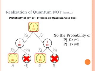 Realization of Quantum NOT                                    (cont…)
 Probability of |0> or |1> based on Quantum Coin Flip:


                            |
                            1>
               1                 1
                   2                     2        So the Probability of
           |                                  |
                                                       P(|0>)=1
          0>                                 1>        P(|1>)=0
  1            − 1               1                1
      2                 2            2                    2


   |           |                  |               |
  0>           1>                0>               1>
  1            −1                1                1
      2             2                2                2
 