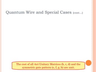 Quantum Wire and Special Cases                     (cont…)




    The cost of all 4x4 Unitary Matrices (b, c, d) and the
        symmetric gate pattern (e, f, g, h) are unit.
 