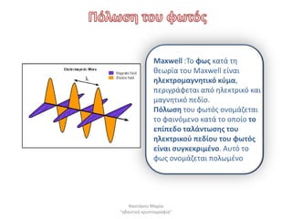 Μaxwell :Το φωσ κατά τθ
              κεωρία του Μaxwell είναι
              θλεκτρομαγνθτικό κφμα,
              περιγράφεται από θλεκτρικό και
              μαγνθτικό πεδίο.
              Πόλωςθ του φωτόσ ονομάηεται
              το φαινόμενο κατά το οποίο το
              επίπεδο ταλάντωςθσ του
              θλεκτρικοφ πεδίου του φωτόσ
              είναι ςυγκεκριμζνο. Αυτό το
              φωσ ονομάηεται πολωμζνο




    Ναςτάκου Μαρία
"κβαντικι κρυπτογραφία"
 