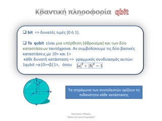  bit => δυνατζσ τιμζσ (0 ι 1).

 Σο qubit είναι μια υπζρκεςθ (άκροιςμα) και των δφο
καταςτάςεων ταυτόχρονα. Αν ςυμβολίςουμε τισ δφο βαςικζσ
καταςτάςεισ με |0> και 1>
 κάκε δυνατι κατάςταςθ => γραμμικόσ ςυνδυαςμόσ αυτϊν:
1qubit =α|0>+β|1>, όπου




                        Τα τετράγωνα των ςυντελεςτϊν ορίηουν τθ
                               πικανότθτα κάκε κατάςταςθσ



                           Ναςτάκου Μαρία
                       "κβαντικι κρυπτογραφία"
 
