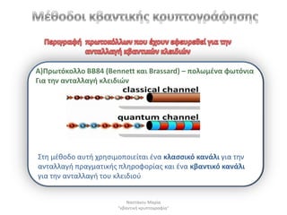 Α)Πρωτόκολλο BB84 (Bennett και Brassard) – πολωμζνα φωτόνια
Για τθν ανταλλαγι κλειδιϊν




Στθ μζκοδο αυτι χρθςιμοποιείται ζνα κλαςςικό κανάλι για τθν
ανταλλαγι πραγματικισ πλθροφορίασ και ζνα κβαντικό κανάλι
για τθν ανταλλαγι του κλειδιοφ


                          Ναςτάκου Μαρία
                      "κβαντικι κρυπτογραφία"
 