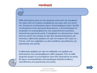 Κάκε θλεκτρόνιο μζςα ςε ζνα τροχιακό εκτόσ από τθν περιφορά
του γφρω από τον πυρινα περιφζρεται και γφρω από τον εαυτό
του. Επομζνωσ τα θλεκτρόνια ζχουν ιδιοςτροφορμι (spin). Επειδι
τα θλεκτρόνια είναι θλεκτρικά φορτιςμζνα, θ ιδιοςτροφορμι τα
αναγκάηει να ςυμπεριφζρονται ςαν μικροςκοπικοί μαγνιτεσ,
αποκτϊντασ μαγνθτικι ροπι. Η περιφορά των θλεκτρονίων γφρω
από τον εαυτό τουσ μπορεί να ζχει δφο προςανατολιςμοφσ και
ςυνεπϊσ ο κβαντικόσ αρικμόσ του spin ms παίρνει δφο τιμζσ τισ –
1/2 και +1/2 που εκφράηουν τισ δφο αντίκετεσ κατευκφνςεισ τθσ
μαγνθτικισ τουσ ροπισ.


Ο κβαντικόσ αρικμόσ του spin ms κακορίηει τον αρικμό των
θλεκτρονίων που καταλαμβάνουν κάκε τροχιακό. Ζτςι ςε κάκε
τροχιακό μπορεί να ςυνυπάρξουν μόνο δφο θλεκτρόνια τα οποία
κα ζχουν αντιπαράλλθλθ ιδιοςτροφορμι δθλαδι αντίκετεσ
κατευκφνςεισ ςτθ μαγνθτικισ τουσ ροπι.


                          Ναςτάκου Μαρία
                      "κβαντικι κρυπτογραφία"
 