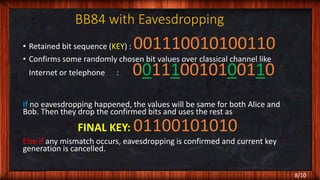 BB84 with Eavesdropping
8/10
• Retained bit sequence (KEY) : 001110010100110
• Confirms some randomly chosen bit values over classical channel like
Internet or telephone : 001110010100110
If no eavesdropping happened, the values will be same for both Alice and
Bob. Then they drop the confirmed bits and uses the rest as
FINAL KEY: 01100101010
Else if any mismatch occurs, eavesdropping is confirmed and current key
generation is cancelled.
 