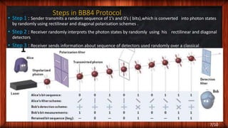 Steps in BB84 Protocol
7/10
• Step 1 : Sender transmits a random sequence of 1’s and 0’s ( bits),which is converted into photon states
by randomly using rectilinear and diagonal polarisation schemes .
• Step 2 : Receiver randomly interprets the photon states by randomly using his rectilinear and diagonal
detectors
• Step 3 : Receiver sends information about sequence of detectors used randomly over a classical
channel.
 