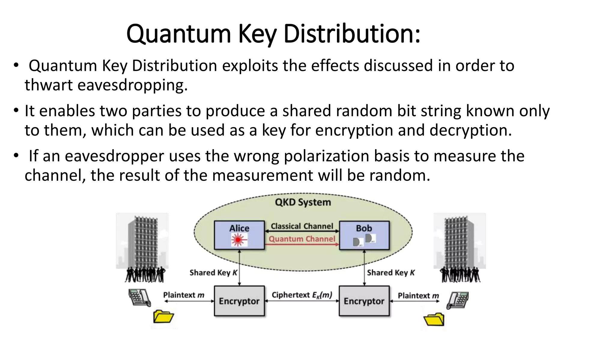 Quantum Key Distribution:
• Quantum Key Distribution exploits the effects discussed in order to
thwart eavesdropping.
• It enables two parties to produce a shared random bit string known only
to them, which can be used as a key for encryption and decryption.
• If an eavesdropper uses the wrong polarization basis to measure the
channel, the result of the measurement will be random.
 