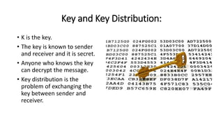 Key and Key Distribution:
• K is the key.
• The key is known to sender
and receiver and it is secret.
• Anyone who knows the key
can decrypt the message.
• Key distribution is the
problem of exchanging the
key between sender and
receiver.
 