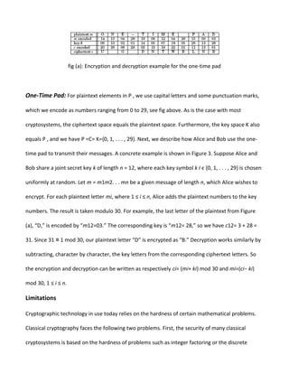 fig (a): Encryption and decryption example for the one-time pad
One-Time Pad: For plaintext elements in P , we use capital letters and some punctuation marks,
which we encode as numbers ranging from 0 to 29, see fig above. As is the case with most
cryptosystems, the ciphertext space equals the plaintext space. Furthermore, the key space K also
equals P , and we have P =C= K={0, 1, . . . , 29}. Next, we describe how Alice and Bob use the one-
time pad to transmit their messages. A concrete example is shown in Figure 3. Suppose Alice and
Bob share a joint secret key k of length n = 12, where each key symbol k I є {0, 1, . . . , 29} is chosen
uniformly at random. Let m = m1m2. . . mn be a given message of length n, which Alice wishes to
encrypt. For each plaintext letter mi, where 1 ≤ i ≤ n, Alice adds the plaintext numbers to the key
numbers. The result is taken modulo 30. For example, the last letter of the plaintext from Figure
(a), “D,” is encoded by “m12=03.” The corresponding key is “m12= 28,” so we have c12= 3 + 28 =
31. Since 31 1 mod 30, our plaintext letter “D” is encrypted as “B.” Decryption works similarly by≡
subtracting, character by character, the key letters from the corresponding ciphertext letters. So
the encryption and decryption can be written as respectively ci= (mi+ ki) mod 30 and mi=(ci− ki)
mod 30, 1 ≤ i ≤ n.
Limitations
Cryptographic technology in use today relies on the hardness of certain mathematical problems.
Classical cryptography faces the following two problems. First, the security of many classical
cryptosystems is based on the hardness of problems such as integer factoring or the discrete
 