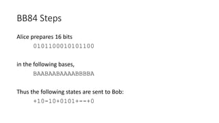 BB84 Steps
Alice prepares 16 bits
0101100010101100
in the following bases,
BAABAABAAAABBBBA
Thus the following states are sent to Bob:
+10-10+0101+--+0
 