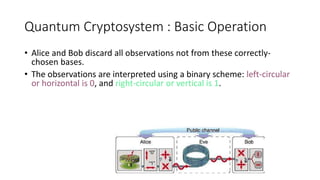 Quantum Cryptosystem : Basic Operation
• Alice and Bob discard all observations not from these correctly-
chosen bases.
• The observations are interpreted using a binary scheme: left-circular
or horizontal is 0, and right-circular or vertical is 1.
 