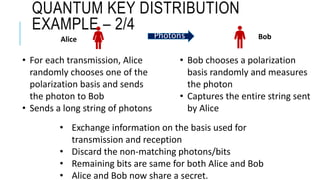 QUANTUM KEY DISTRIBUTION
EXAMPLE – 2/4
• For each transmission, Alice
randomly chooses one of the
polarization basis and sends
the photon to Bob
• Sends a long string of photons
• Bob chooses a polarization
basis randomly and measures
the photon
• Captures the entire string sent
by Alice
Alice BobPhotons
• Exchange information on the basis used for
transmission and reception
• Discard the non-matching photons/bits
• Remaining bits are same for both Alice and Bob
• Alice and Bob now share a secret.
 