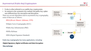 Asymmetrical (Public-Key) Cryptosystem
• It also is often referred to as a public-key cryptosystem.
• In contrast to the symmetric key method, the public-key cipher
uses different keys for encryption and decryption.
There are several algorithms used in asymmetric key cryptography,
some of them are as follows:
•RSA (Rivest–Shamir–Adleman, 1978)
•Elliptic Curve Cryptography (ECC)
•Public Key Infrastructure (PKI)
•Diffie-Hellman
•DSS (Digital Signature Standard)
Public key cryptography has many applications, including:
•Digital Signature, Digital certificates and Data Encryption
•Key exchange
 