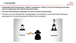 • Cryptography (from Greek Kryptos "hidden" and graphein "writing") is the art of creating secure codes,
whereas cryptanalysis deals with breaking these codes.
• These two fields belong to cryptology, the science of secure communication
• The basic service provided by cryptography is the ability to send information between
participants in a way that prevents others from reading it.
Cryptography
 