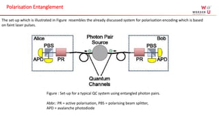 The set-up which is illustrated in Figure resembles the already discussed system for polarisation encoding which is based
on faint laser pulses.
Figure : Set-up for a typical QC system using entangled photon pairs.
Abbr.: PR = active polarisation, PBS = polarising beam splitter,
APD = avalanche photodiode
Polarisation Entanglement
 