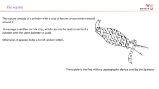 The scytale is the first military cryptographic device used by the Spartans
The scytale consists of a cylinder with a strip of leather or parchment wound
around it.
A message is written on this strip, which can only be read correctly if a
cylinder with the same diameter is used.
Otherwise, it appears to be a list of random letters.
The scytale
 
