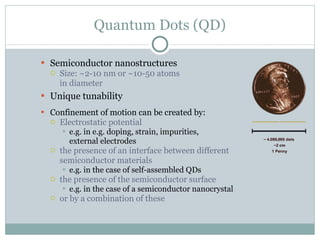 Quantum Dots (QD) Semiconductor nanostructures Size: ~2-10 nm or ~10-50 atoms  in diameter Unique tunability Confinement of motion can be created by: Electrostatic potential e.g. in e.g. doping, strain, impurities,  external electrodes the presence of an interface between different  semiconductor materials e.g. in the case of self-assembled QDs the presence of the semiconductor surface e.g. in the case of a semiconductor nanocrystal or by a combination of these 