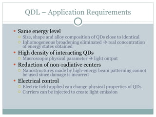 QDL – Application Requirements Same energy level Size, shape and alloy composition of QDs close to identical Inhomogeneous broadening eliminated    real concentration of energy states obtained High density of interacting QDs Macroscopic physical parameter    light output Reduction of non-radiative centers Nanostructures made by high-energy beam patterning cannot be used since damage is incurred  Electrical control  Electric field applied can change physical properties of QDs  Carriers can be injected to create light emission  