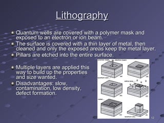 Lithography Quantum wells are covered with a polymer mask and exposed to an electron or ion beam. The surface is covered with a thin layer of metal, then cleaned and only the exposed areas keep the metal layer. Pillars are etched into the entire surface. Multiple layers are applied this  way to build up the properties  and size wanted. Disadvantages: slow,  contamination, low density,  defect formation. 