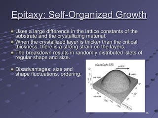 Epitaxy: Self-Organized Growth Uses a large difference in the lattice constants of the substrate and the crystallizing material. When the crystallized layer is thicker than the critical thickness, there is a strong strain on the layers. The breakdown results in randomly distributed islets of regular shape and size. Disadvantages: size and  shape fluctuations, ordering. 