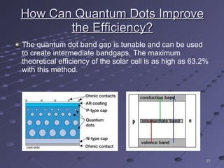 The quantum dot band gap is tunable and can be used to create intermediate bandgaps. The maximum theoretical efficiency of the solar cell is as high as 63.2% with this method. How Can Quantum Dots Improve the Efficiency? 