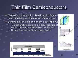 Thin Film Semiconductors Electrons in conduction band (and holes in the valence band) are free to move in two dimensions. Confined in one dimension by a potential well. Potential well created due to a larger bandgap of the semiconductors on either side of the thin film. Thinner films lead to higher energy levels. 