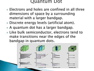  Electrons and holes are confined in all three
dimensions of space by a surrounding
material with a larger bandgap.
 Discrete energy levels (artificial atom).
 A quantum dot has a larger bandgap.
 Like bulk semiconductor, electrons tend to
make transitions near the edges of the
bandgap in quantum dots.
 