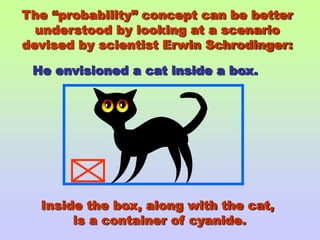 The “probability” concept can be better understood by looking at a scenario devised by scientist Erwin Schrodinger:He envisioned a cat inside a box.Inside the box, along with the cat, is a container of cyanide.