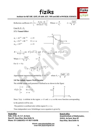fiziks
Institute for NET/JRF, GATE, IIT-JAM, JEST, TIFR and GRE in PHYSICAL SCIENCES
Website: www.physicsbyfiziks.com
Email: fiziks.physics@gmail.com 16
Head office
fiziks, H.No. 23, G.F, Jia Sarai,
Near IIT, Hauz Khas, New Delhi-16
Phone: 011-26865455/+91-9871145498
Branch office
Anand Institute of Mathematics,
28-B/6, Jia Sarai, Near IIT
Hauz Khas, New Delhi-16
Reflection coefficient
 
 
1
2
1sin
14
1











R Where 2
2
,

o
o
mV
a
V
E
 
Case II: E < Vo
3.7.1 Tunnel Effect
1 1
2 2
1
0
0
0
ik x ik x
I
k x k x
II
ik x
III
Ae Be x
Ce Be x a
Fe x





  
   
 
 
 21
sin 1
4 1
R h  
 
and
 
 21
1 sin 1
4 1
T h   
 
Where
o
o
V
EmV
a  ,
2
2


For E << Vo
 
2
22
1
16 
EVma
oo
o
e
V
E
V
E
T









Approximate transmission probability ak
eT 22
 where
 
22
2

EVm
k o 

3.8 The Infinite Square Well Potential
The infinite square well potential is defined as as shown in the figure
 









ax
ax
x
xV 00
0
Since V(x) is infinite in the region 0x  and x a so the wave function corresponding
to the particle will be zero.
The particle is confined only within region 0 ≤ x ≤ a.
Time independent wave Schrödinger wave equation is given by

 xV
o a x

ao
oV
 