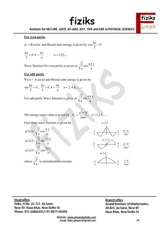 fiziks
Institute for NET/JRF, GATE, IIT-JAM, JEST, TIFR and GRE in PHYSICAL SCIENCES
Website: www.physicsbyfiziks.com
Email: fiziks.physics@gmail.com 19
Head office
fiziks, H.No. 23, G.F, Jia Sarai,
Near IIT, Hauz Khas, New Delhi-16
Phone: 011-26865455/+91-9871145498
Branch office
Anand Institute of Mathematics,
28-B/6, Jia Sarai, Near IIT
Hauz Khas, New Delhi-16
For even parity
cosB kx  and Bound state energy is given by 0
2
cos 
ka
,....5,3,10
2
 n
a
n
k
ka 
Wave function for even parity is given as
a
xn
a

cos
2
For odd parity
Ψ (x) = A sin kx and Bound state energy is given by
sin 0
2
ka
 , 0
2
ka n
k
a

  2,4,6,........n 
For odd parity Wave function is given as
a
xn
a

sin
2
The energy eigen value is given by ,......3,2,1
2 2
222
 n
ma
n
En

First three wave function is given by
 
 
 
a
x
a
x
a
x
a
x
a
x
a
x






3
cos
2
2
sin
2
cos
2
3
2
1



where
a
2
is normalization constant.
2
22
2ma

2
a
2
a
 2
22
2
9
ma

2
22
2
4
ma

2
a

2
a
2
a

2
a
 x3
 x2
 x1
 
