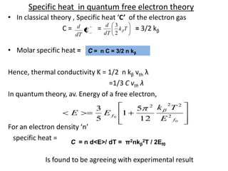 Specific heat in quantum free electron theory
• In classical theory , Specific heat ‘C’ of the electron gas
C = = = 3/2 kβ
• Molar specific heat =
Hence, thermal conductivity K = 1/2 n kβ vth λ
=1/3 C vth λ
In quantum theory, av. Energy of a free electron,
For an electron density ‘n’
specific heat =
Is found to be agreeing with experimental result
C = n C = 3/2 n kβ
0
0 2
222
12
5
1
5
3
f
f
E
Tk
EE
C = n d<E>/ dT = π2nkβ
2T / 2Ef0
Tk
dT
d
2
3
E
dT
d
 