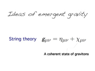Ideas of emergent gravity


String theory


                A coherent state of gravitons
 