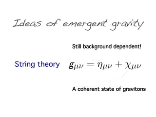 Ideas of emergent gravity

                Still background dependent!


String theory


                A coherent state of gravitons
 