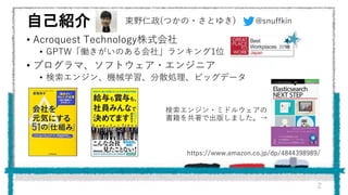 ԼB
? Acroquest Technologyʽ
? GPTWPΤ硹󥭥1λ
? ץޡեȥ?󥸥˥
? 󥸥󡢙CеѧɢIӥåǩ`
2
@snuffkinҰ(Ĥ?Ȥ椭)
https://www.amazon.co.jp/dp/4844398989/
󥸥?ߥɥ륦
ǳ椷ޤ
 