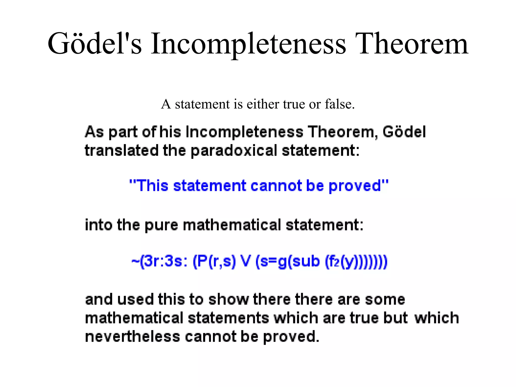Gödel's Incompleteness Theorem A statement is either true or false. 