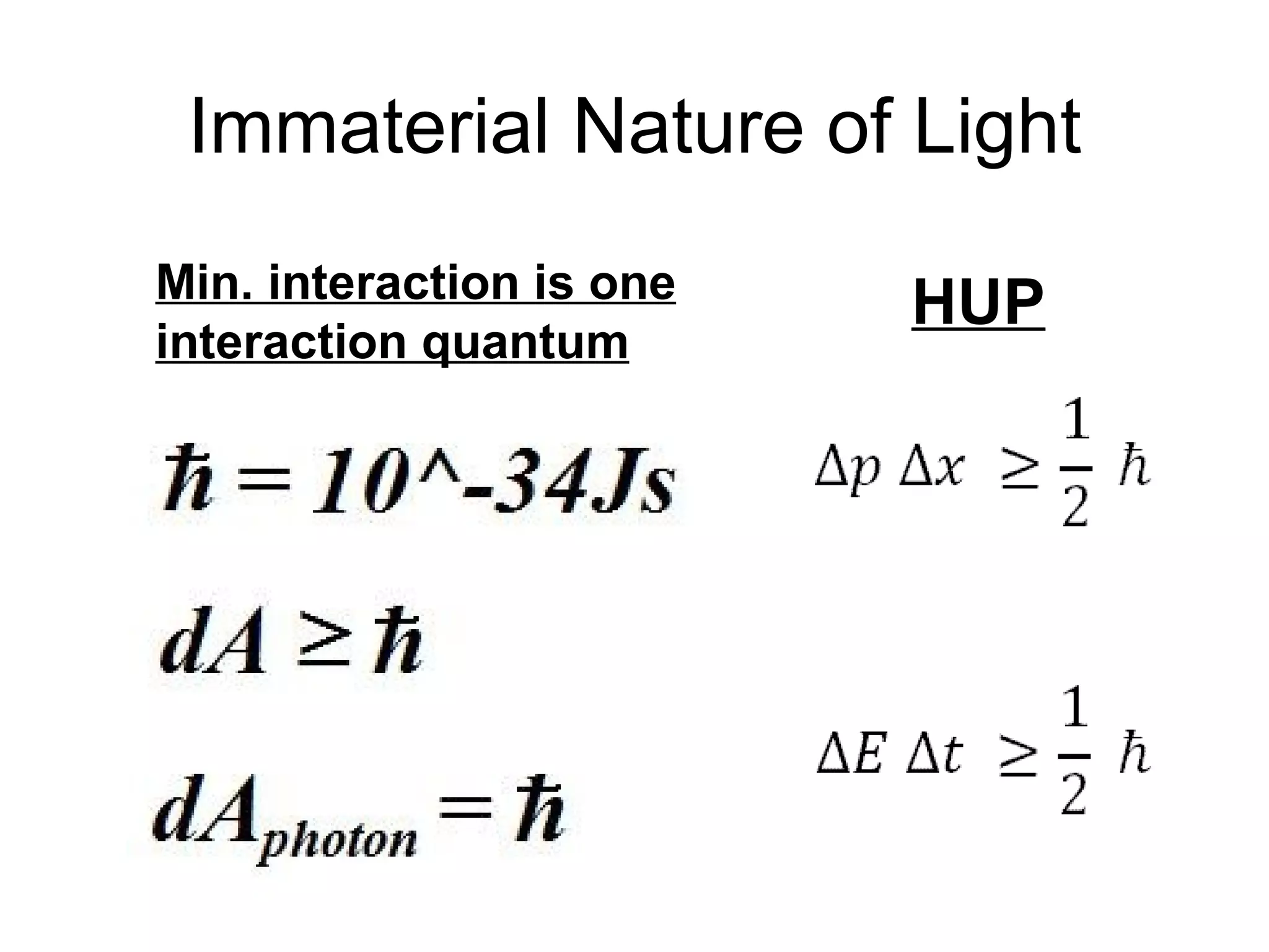 Immaterial Nature of Light HUP Min. interaction is one interaction quantum   